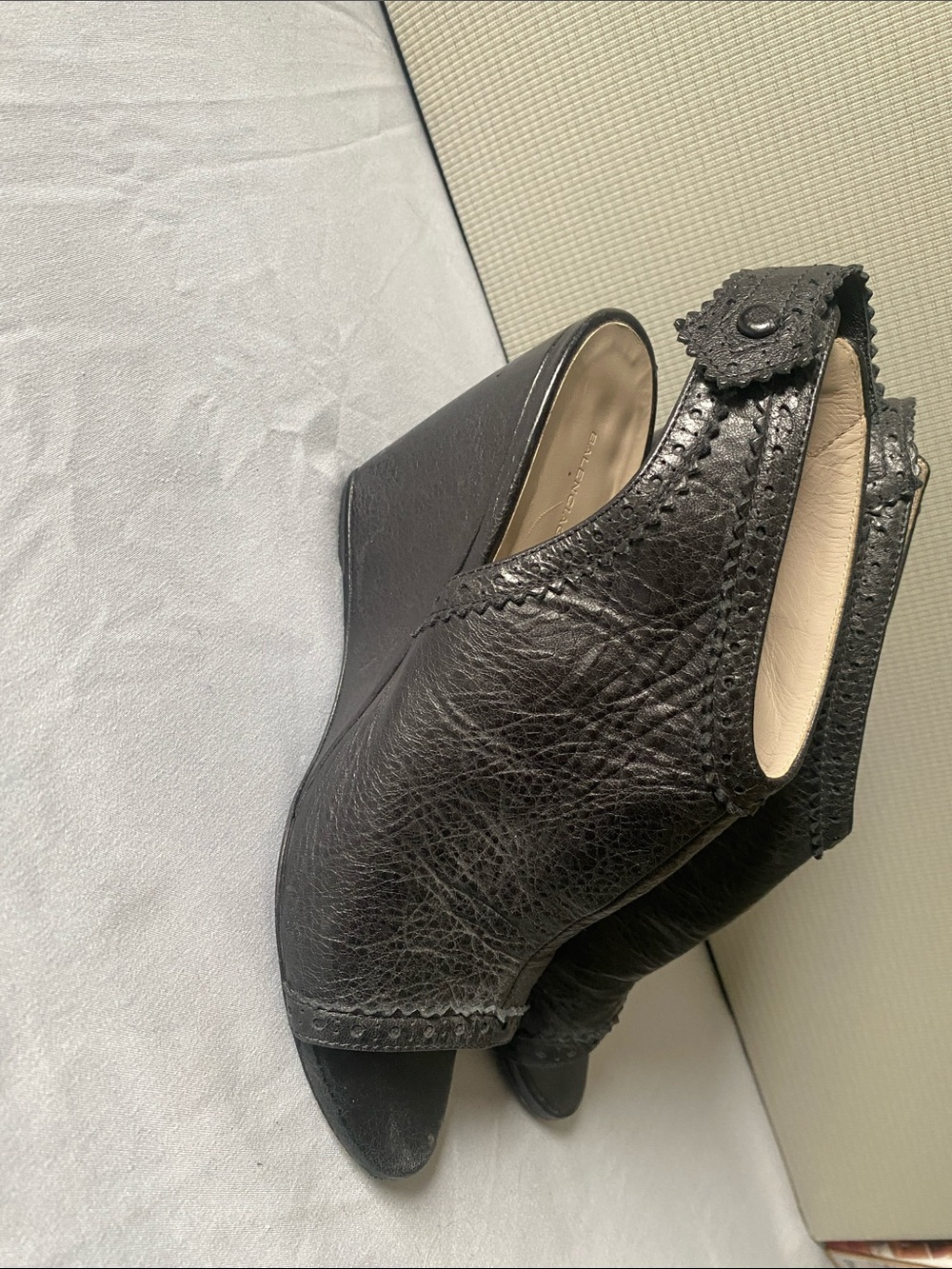 Balenciaga Black Leather Wedge Peep-Toe Slingback